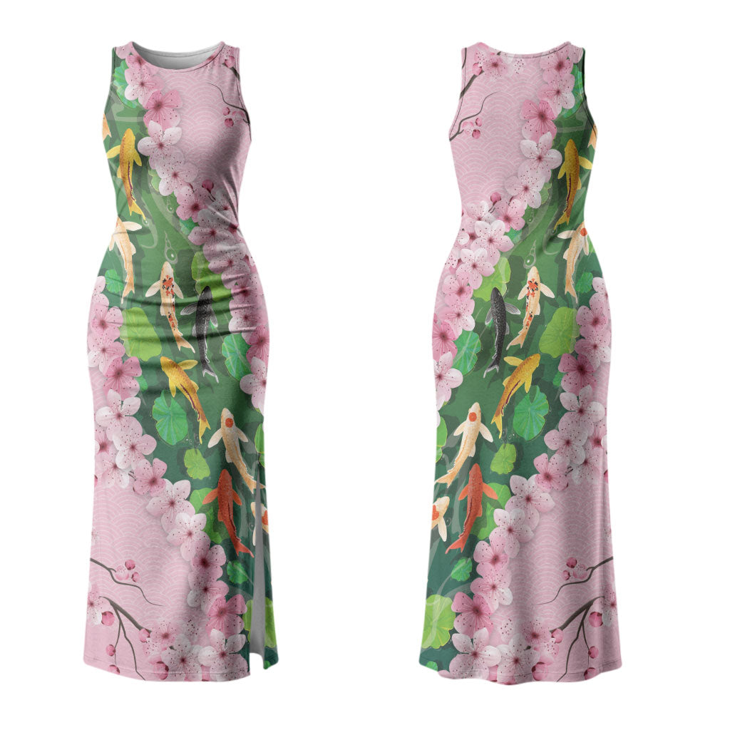 Koi Fish Sakura Japan Family Matching Tank Maxi Dress and Hawaiian Shirt Eternal Flow Cherry Blossom Seigaiha Pattern
