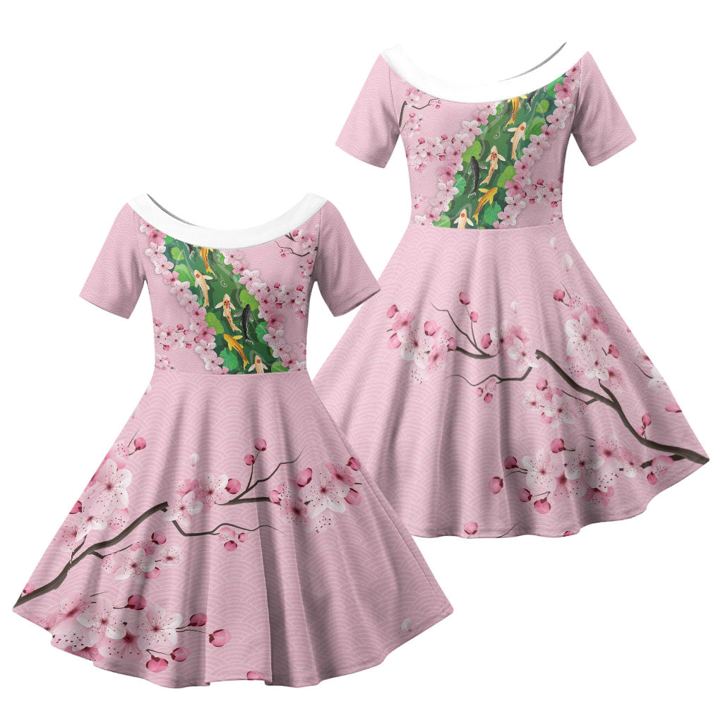 Koi Fish Sakura Japan Family Matching Tank Maxi Dress and Hawaiian Shirt Eternal Flow Cherry Blossom Seigaiha Pattern