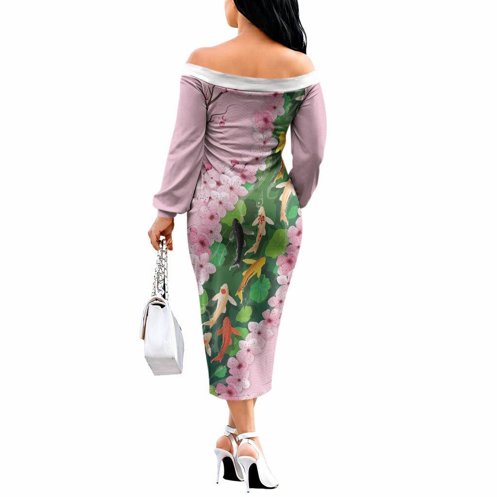 Koi Fish Sakura Japan Off The Shoulder Long Sleeve Dress Eternal Flow Cherry Blossom Seigaiha Pattern