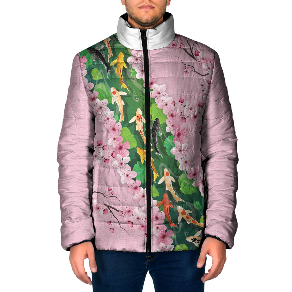 Koi Fish Sakura Japan Padded Jacket Eternal Flow Cherry Blossom Seigaiha Pattern LT14 Men Pink - Polynesian Pride