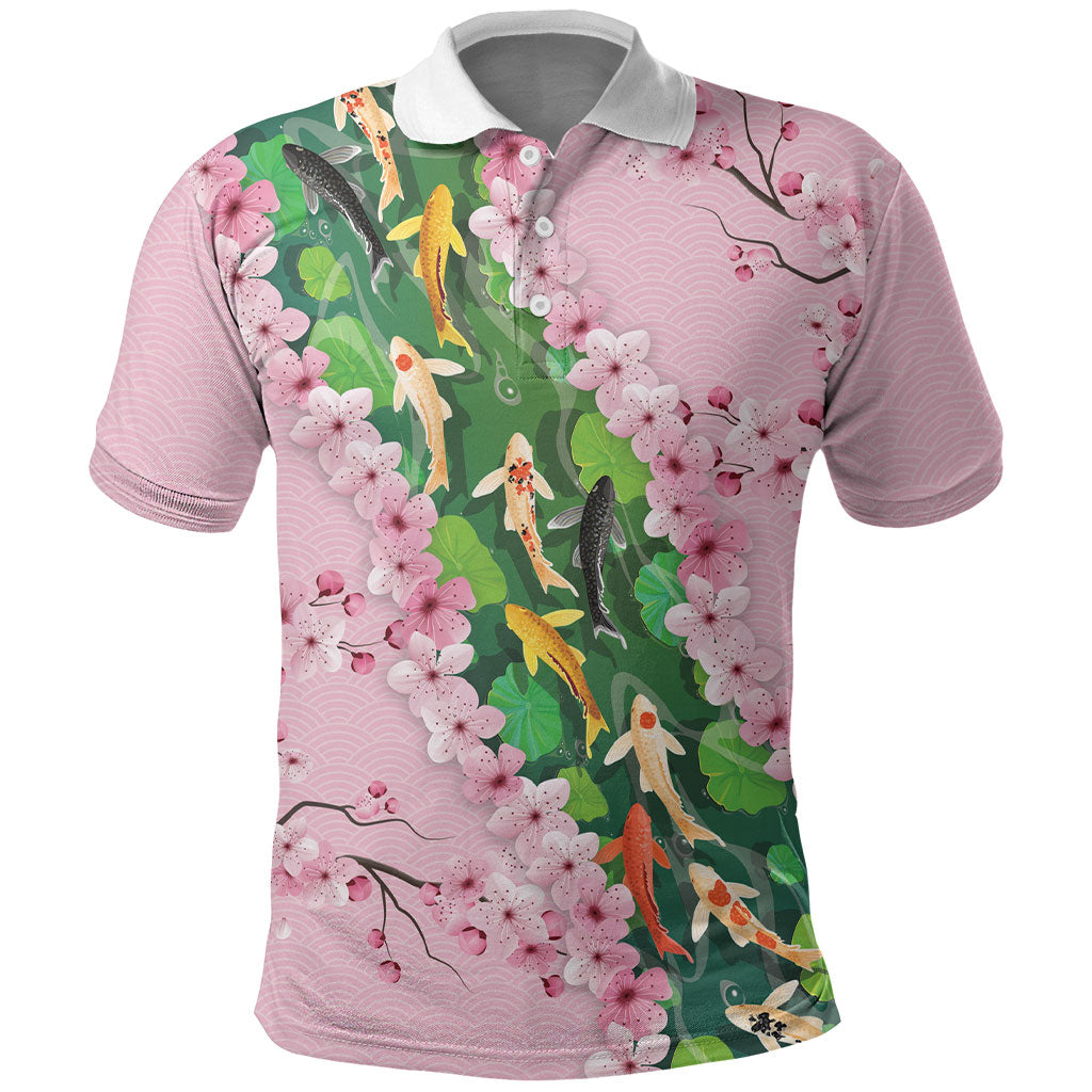 Koi Fish Sakura Japan Polo Shirt Eternal Flow Cherry Blossom Seigaiha Pattern