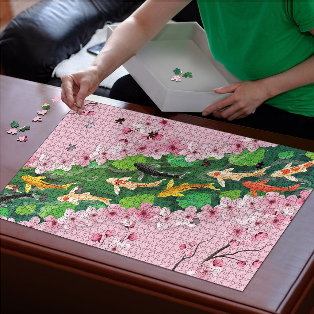 Koi Fish Sakura Japan Puzzle Eternal Flow Cherry Blossom Seigaiha Pattern