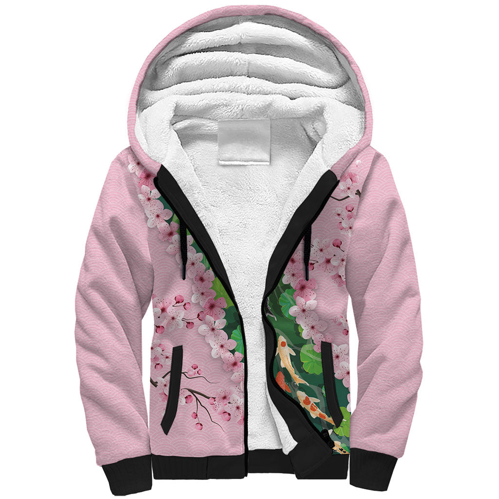 Koi Fish Sakura Japan Sherpa Hoodie Eternal Flow Cherry Blossom Seigaiha Pattern