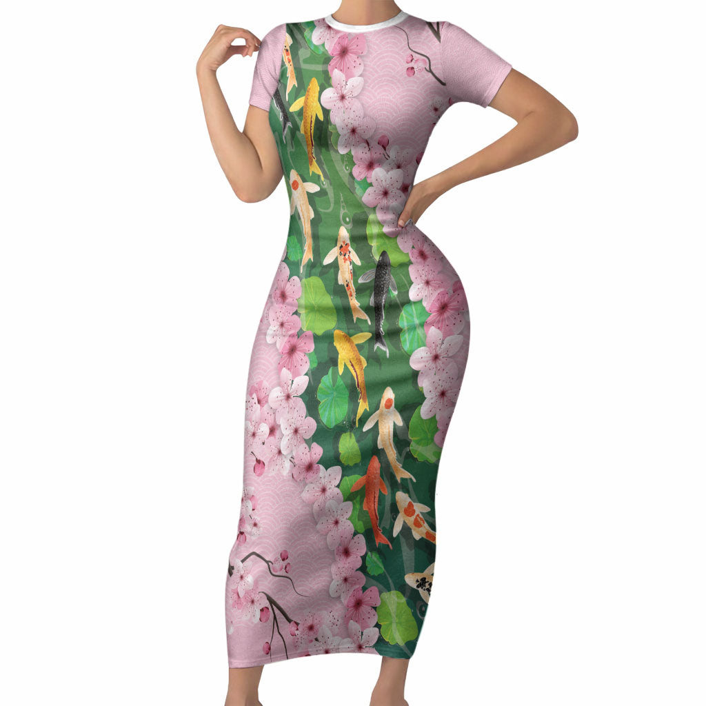 Koi Fish Sakura Japan Short Sleeve Bodycon Dress Eternal Flow Cherry Blossom Seigaiha Pattern