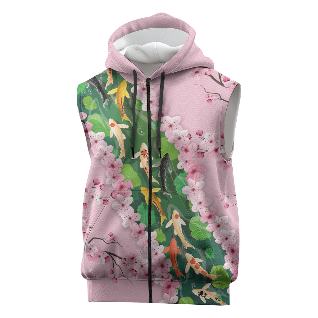 Koi Fish Sakura Japan Sleeveless Zip Hoodie Eternal Flow Cherry Blossom Seigaiha Pattern