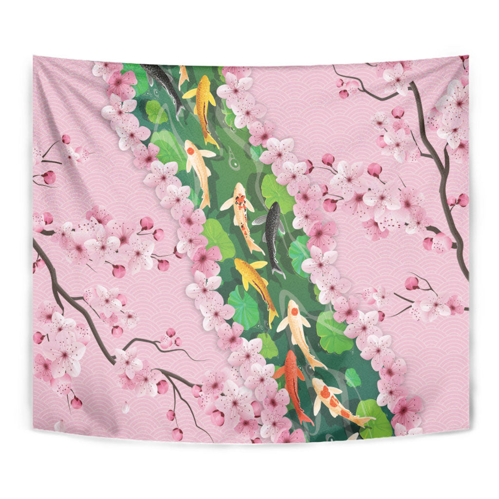 Koi Fish Sakura Japan Tapestry Eternal Flow Cherry Blossom Seigaiha Pattern