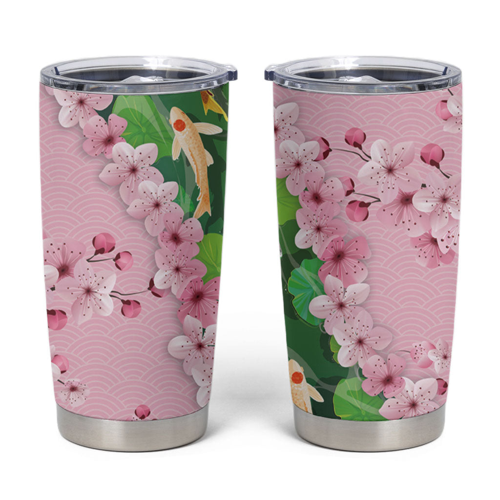 Koi Fish Sakura Japan Tumbler Cup Eternal Flow Cherry Blossom Seigaiha Pattern