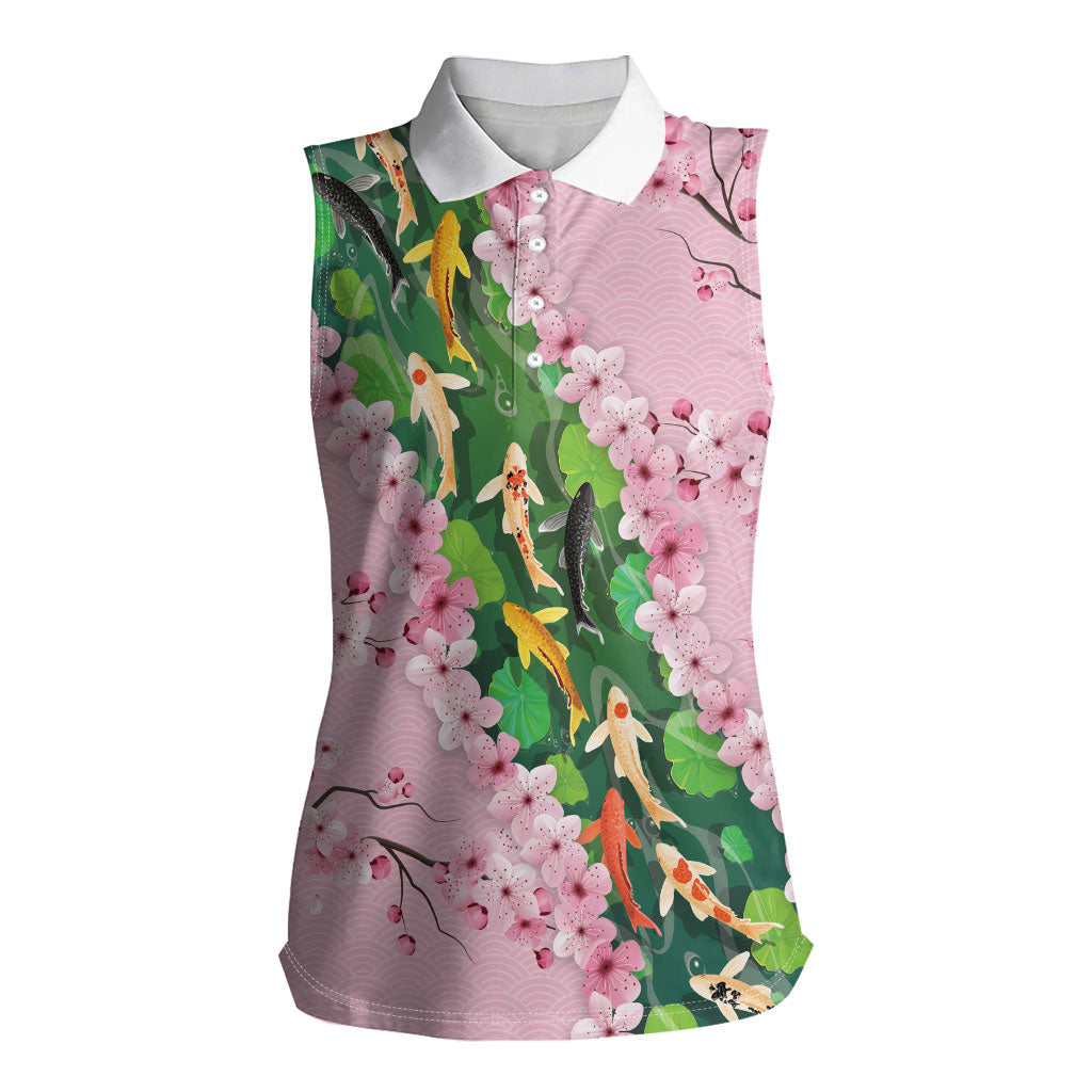 Koi Fish Sakura Japan Women Sleeveless Polo Shirt Eternal Flow Cherry Blossom Seigaiha Pattern
