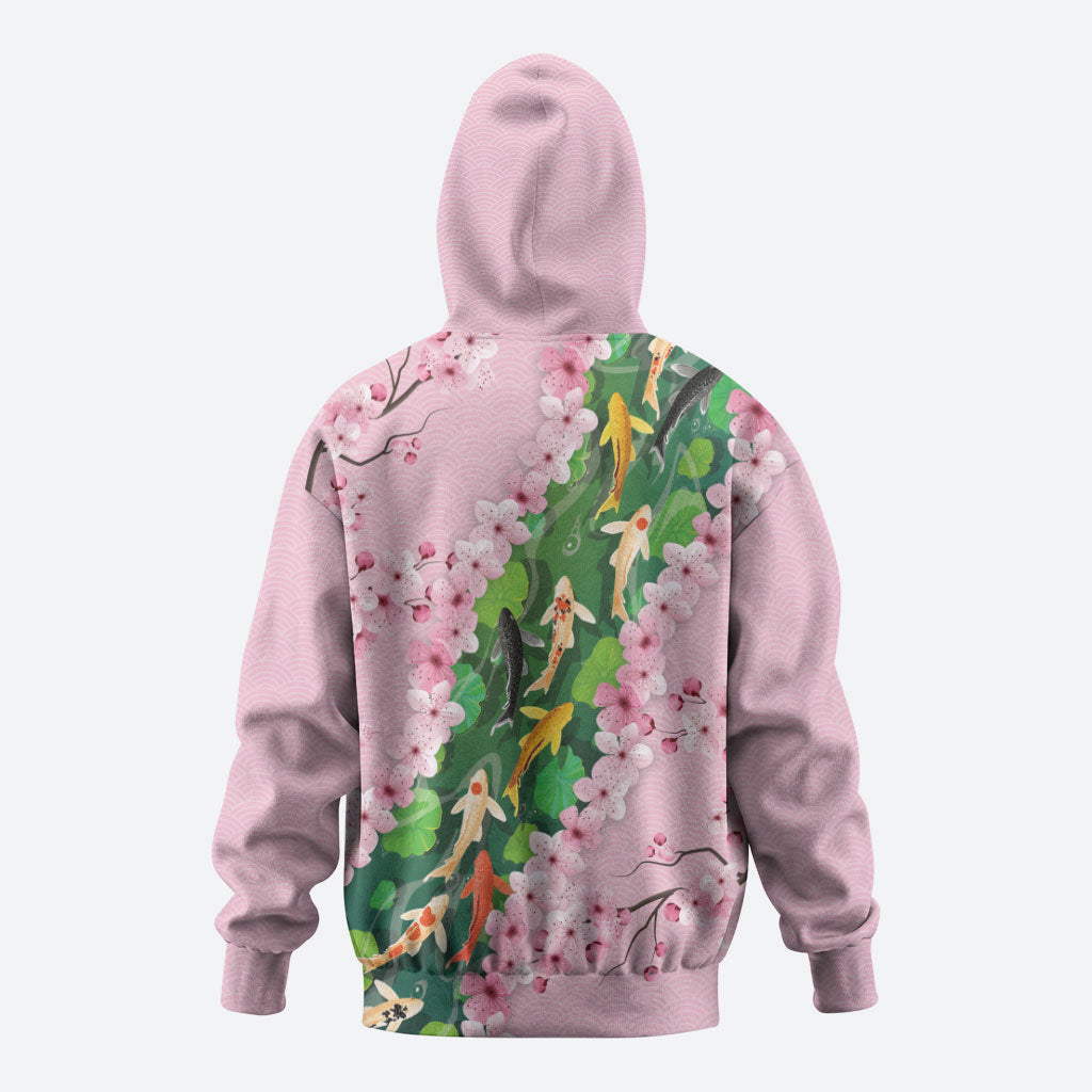 Koi Fish Sakura Japan Zip Hoodie Eternal Flow Cherry Blossom Seigaiha Pattern