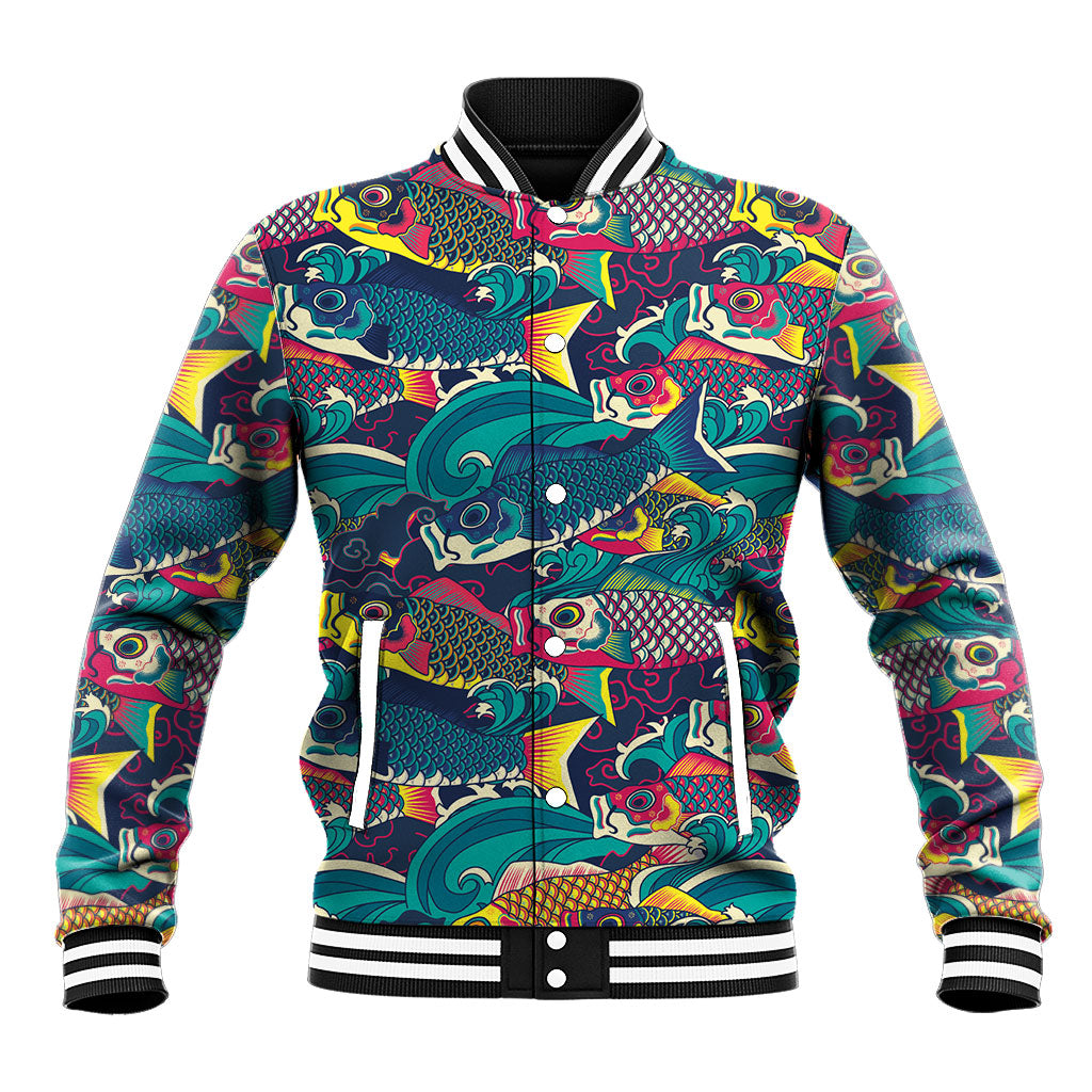 Japan Koinobori Baseball Jacket Japanese Koi Flag Waves Pattern LT14 Unisex Blue - Polynesian Pride