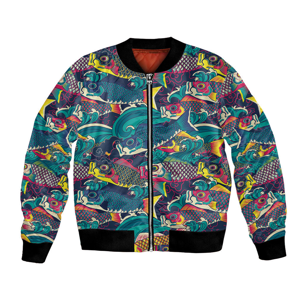 Japan Koinobori Bomber Jacket Japanese Koi Flag Waves Pattern
