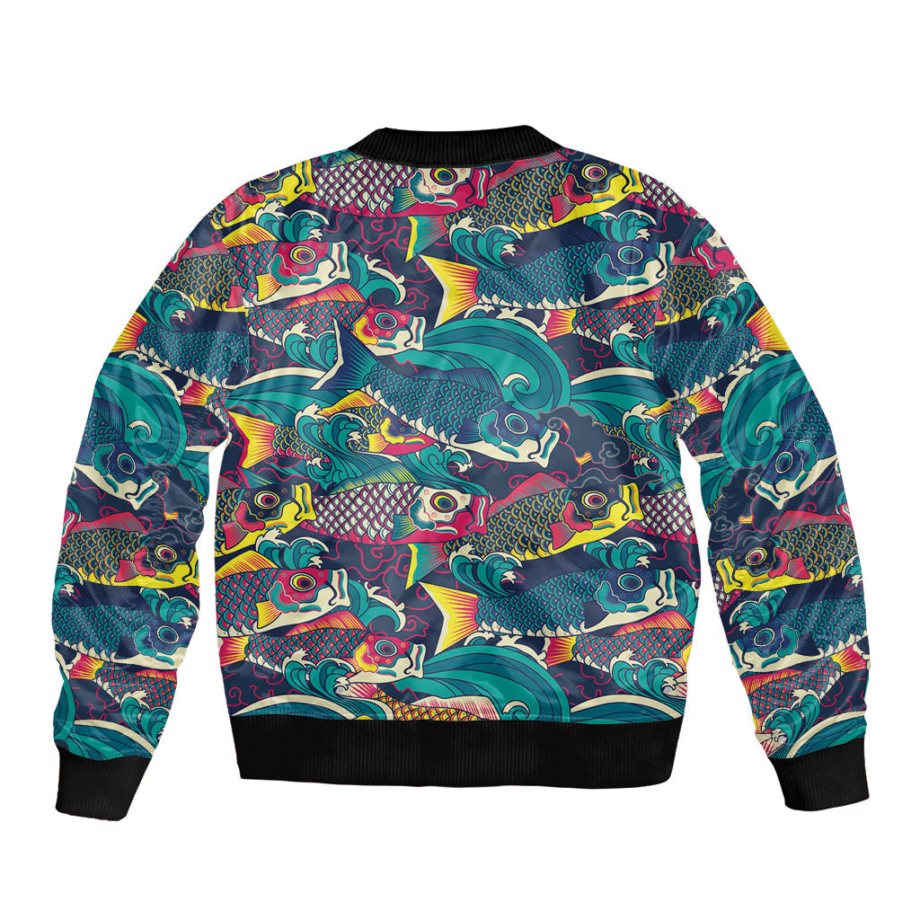 Japan Koinobori Bomber Jacket Japanese Koi Flag Waves Pattern