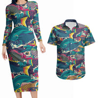 Japan Koinobori Couples Matching Long Sleeve Bodycon Dress and Hawaiian Shirt Japanese Koi Flag Waves Pattern
