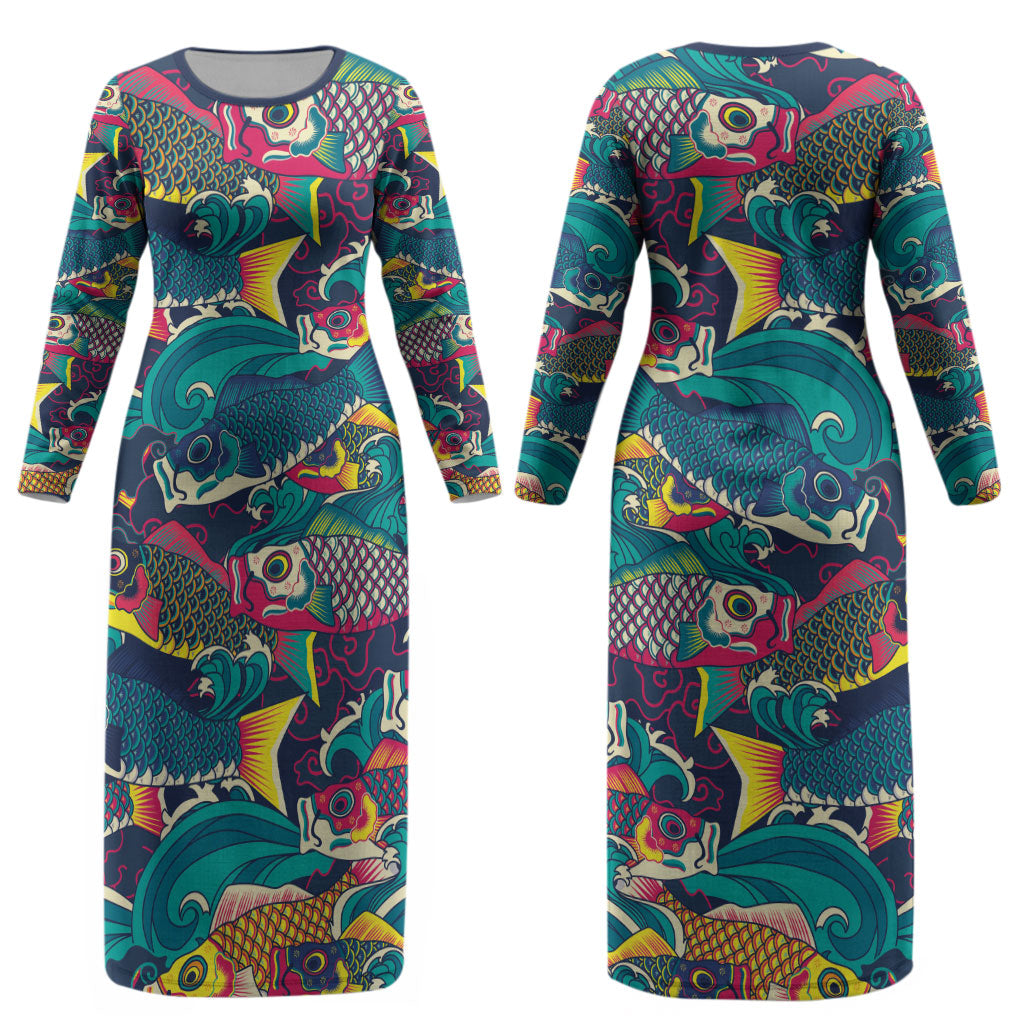 Japan Koinobori Couples Matching Long Sleeve Bodycon Dress and Hawaiian Shirt Japanese Koi Flag Waves Pattern
