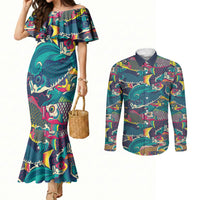 Japan Koinobori Couples Matching Mermaid Dress and Long Sleeve Button Shirt Japanese Koi Flag Waves Pattern
