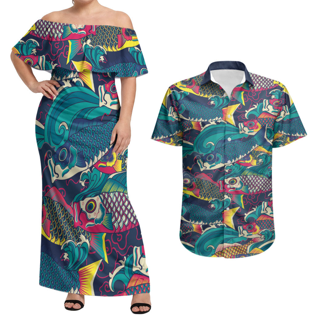 Japan Koinobori Couples Matching Off Shoulder Maxi Dress and Hawaiian Shirt Japanese Koi Flag Waves Pattern