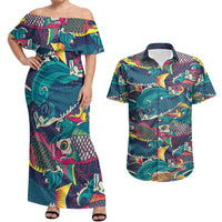 Japan Koinobori Couples Matching Off Shoulder Maxi Dress and Hawaiian Shirt Japanese Koi Flag Waves Pattern