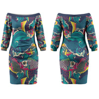 Japan Koinobori Couples Matching Off The Shoulder Long Sleeve Dress and Hawaiian Shirt Japanese Koi Flag Waves Pattern