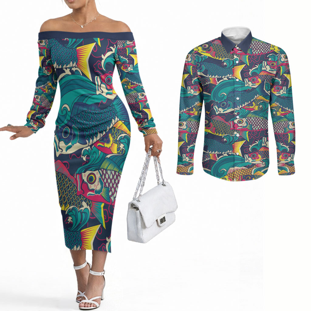 Japan Koinobori Couples Matching Off The Shoulder Long Sleeve Dress and Long Sleeve Button Shirt Japanese Koi Flag Waves Pattern