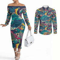 Japan Koinobori Couples Matching Off The Shoulder Long Sleeve Dress and Long Sleeve Button Shirt Japanese Koi Flag Waves Pattern
