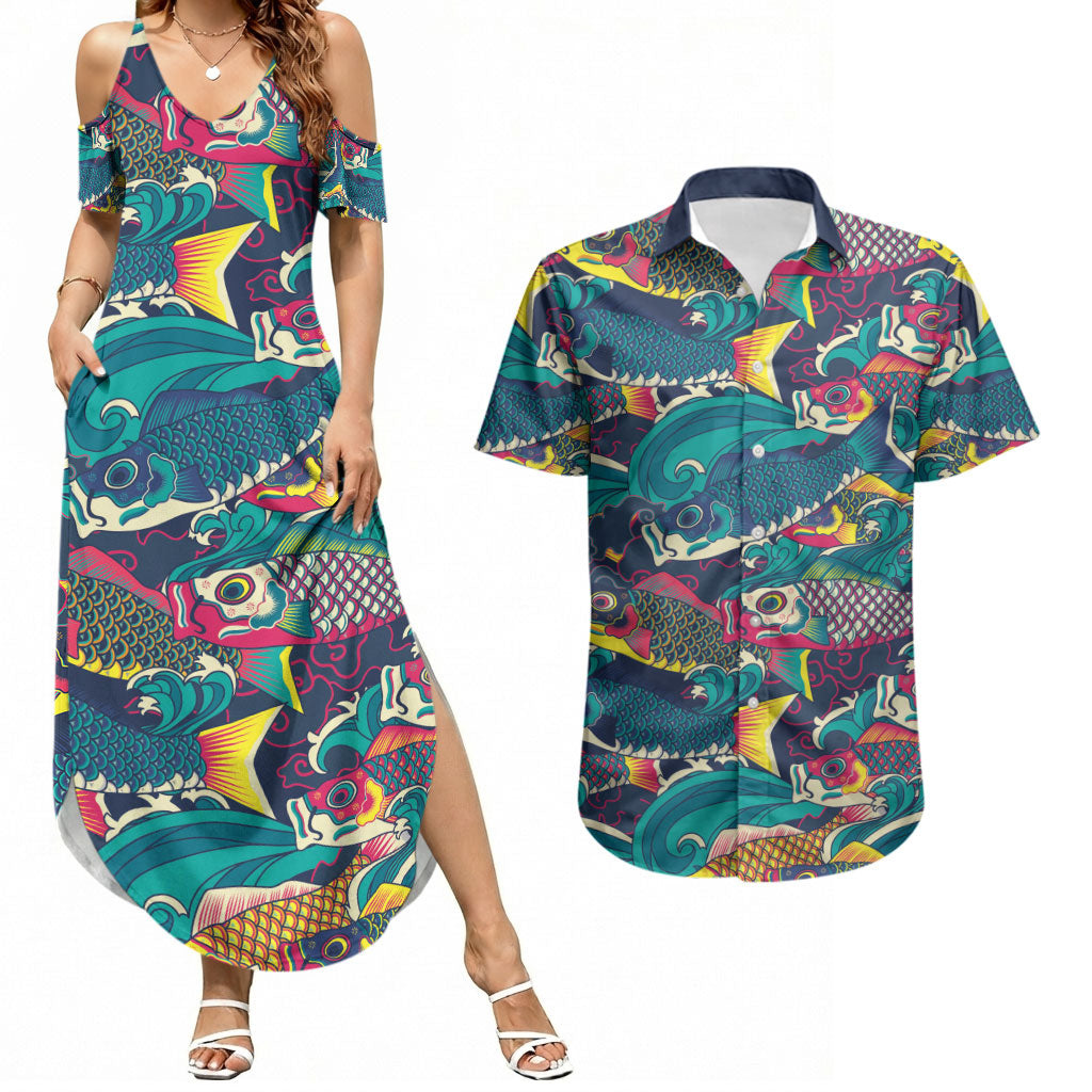 Japan Koinobori Couples Matching Summer Maxi Dress and Hawaiian Shirt Japanese Koi Flag Waves Pattern
