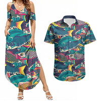 Japan Koinobori Couples Matching Summer Maxi Dress and Hawaiian Shirt Japanese Koi Flag Waves Pattern