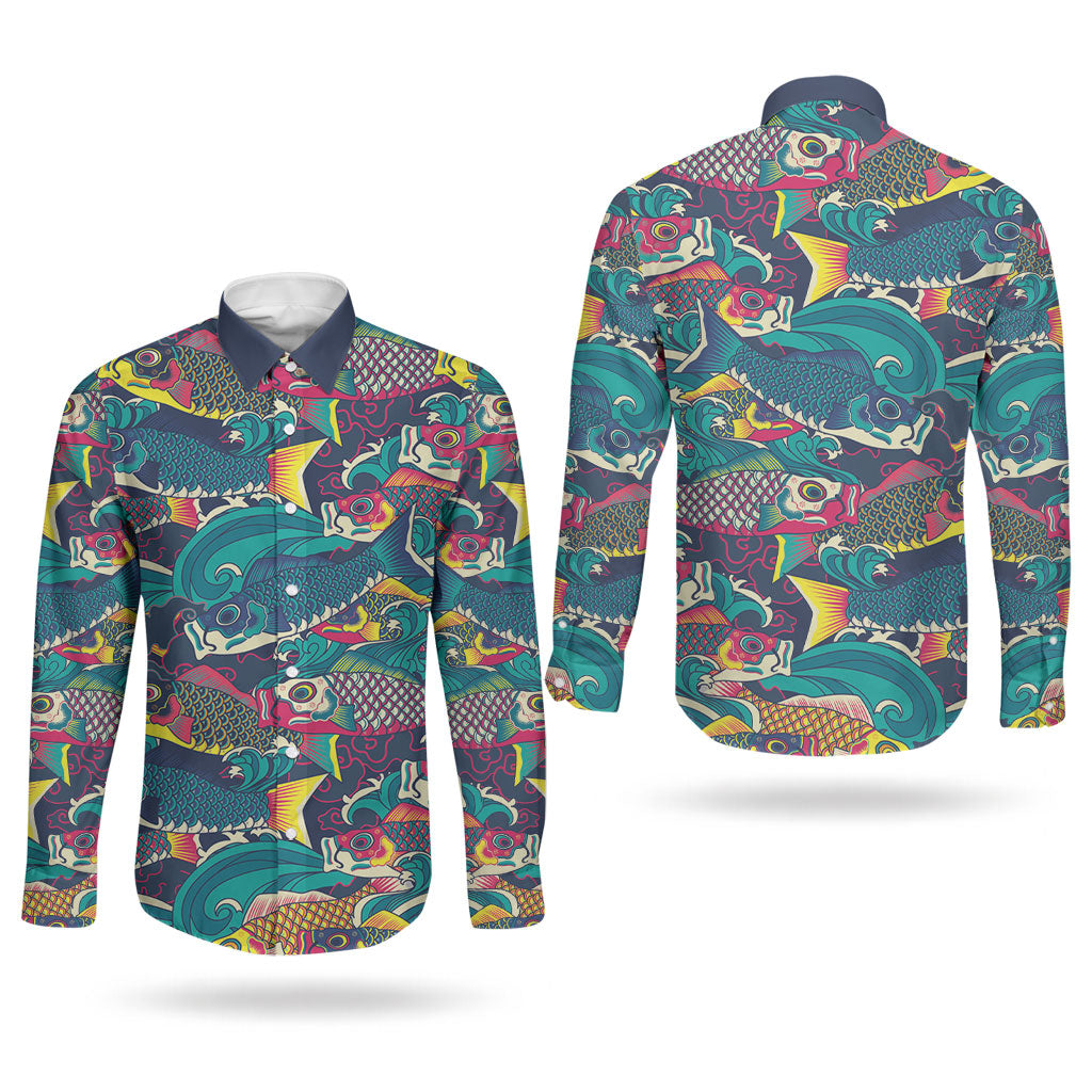 Japan Koinobori Couples Matching Summer Maxi Dress and Long Sleeve Button Shirt Japanese Koi Flag Waves Pattern