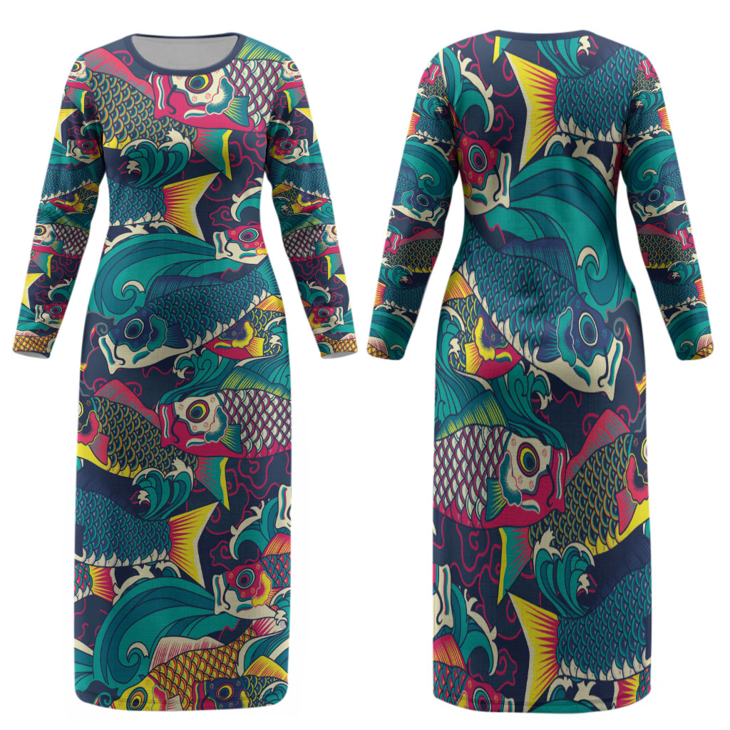 Japan Koinobori Family Matching Long Sleeve Bodycon Dress and Hawaiian Shirt Japanese Koi Flag Waves Pattern