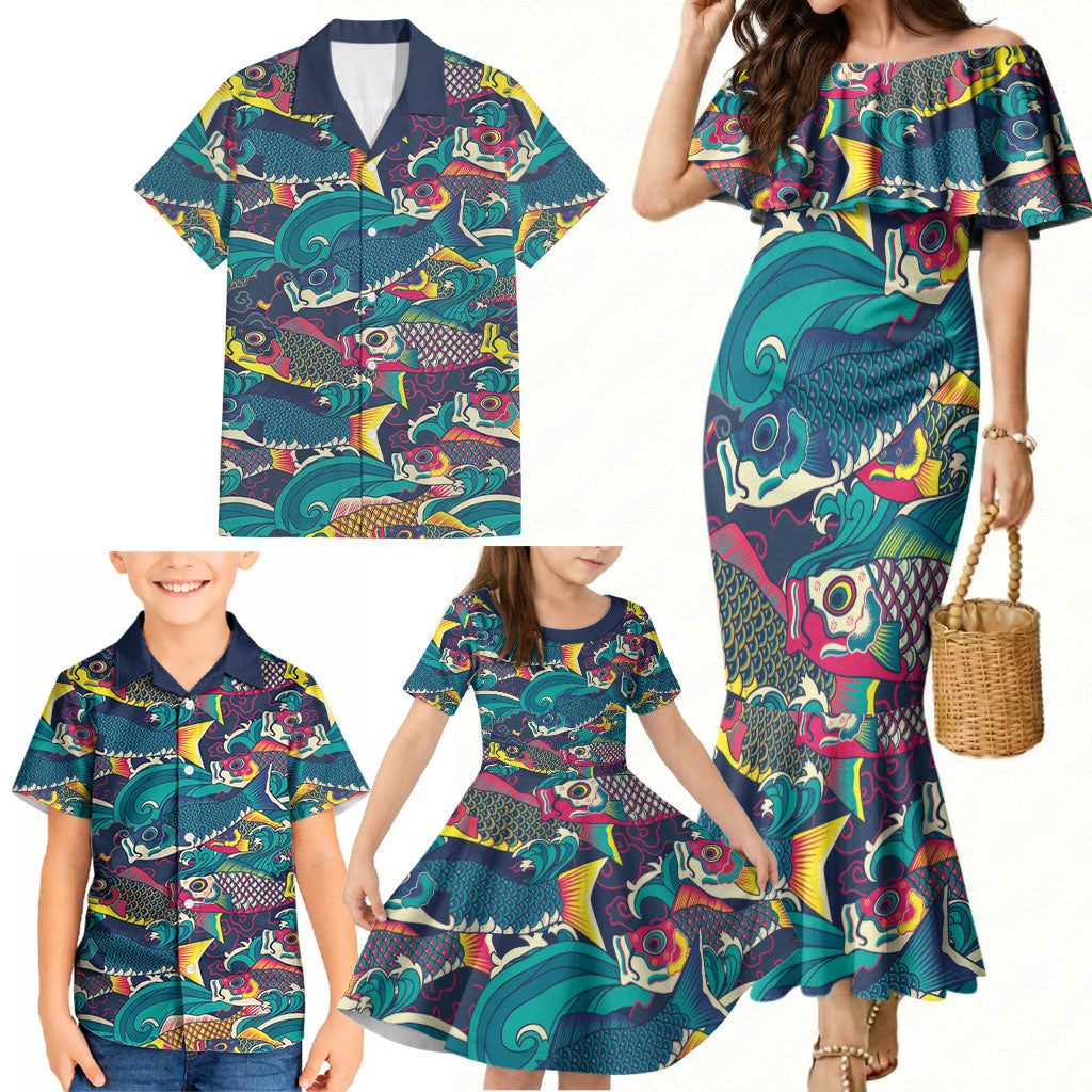 Japan Koinobori Family Matching Mermaid Dress and Hawaiian Shirt Japanese Koi Flag Waves Pattern