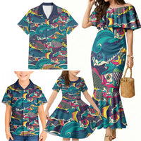 Japan Koinobori Family Matching Mermaid Dress and Hawaiian Shirt Japanese Koi Flag Waves Pattern