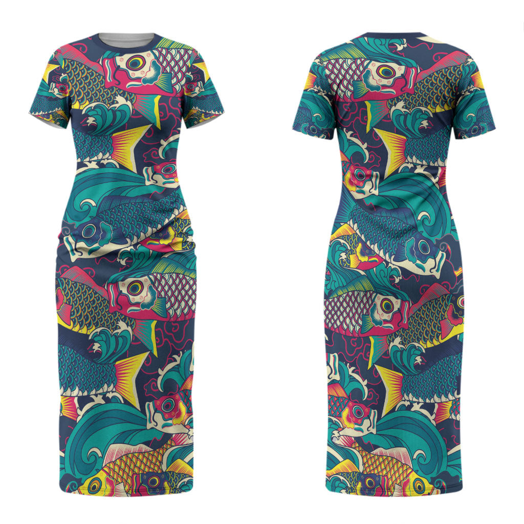 Japan Koinobori Family Matching Short Sleeve Bodycon Dress and Hawaiian Shirt Japanese Koi Flag Waves Pattern