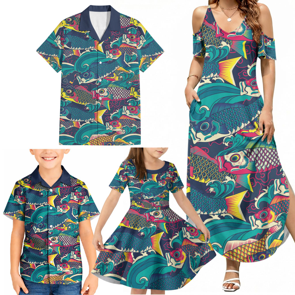 Japan Koinobori Family Matching Summer Maxi Dress and Hawaiian Shirt Japanese Koi Flag Waves Pattern