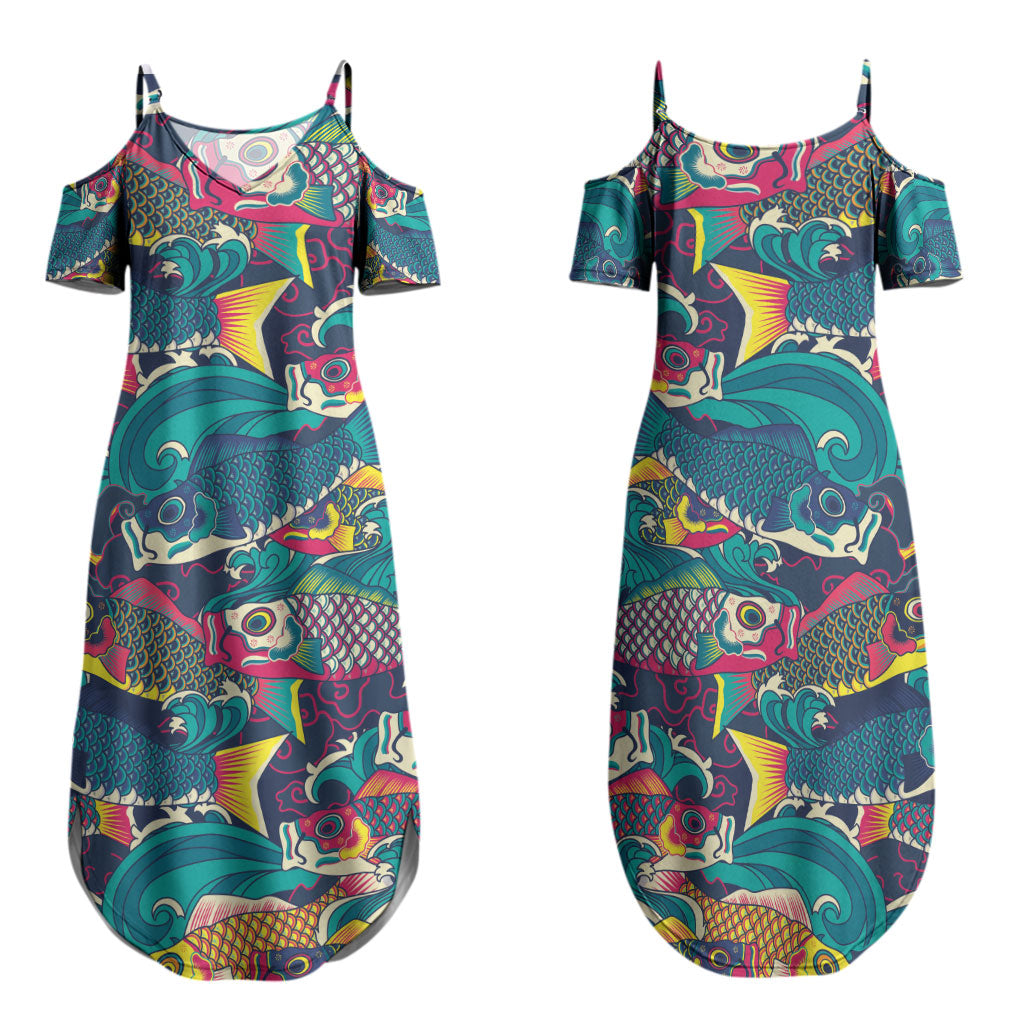 Japan Koinobori Family Matching Summer Maxi Dress and Hawaiian Shirt Japanese Koi Flag Waves Pattern