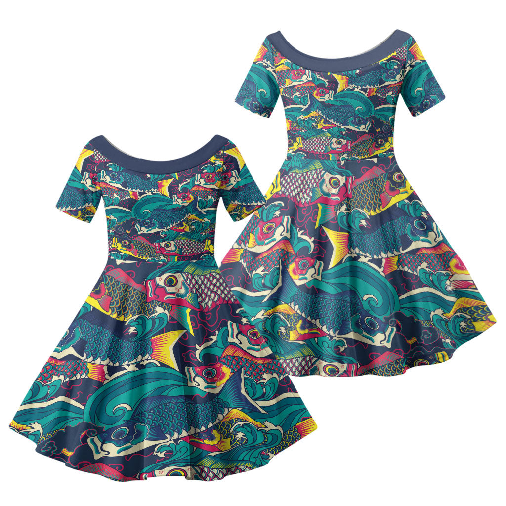 Japan Koinobori Family Matching Summer Maxi Dress and Hawaiian Shirt Japanese Koi Flag Waves Pattern