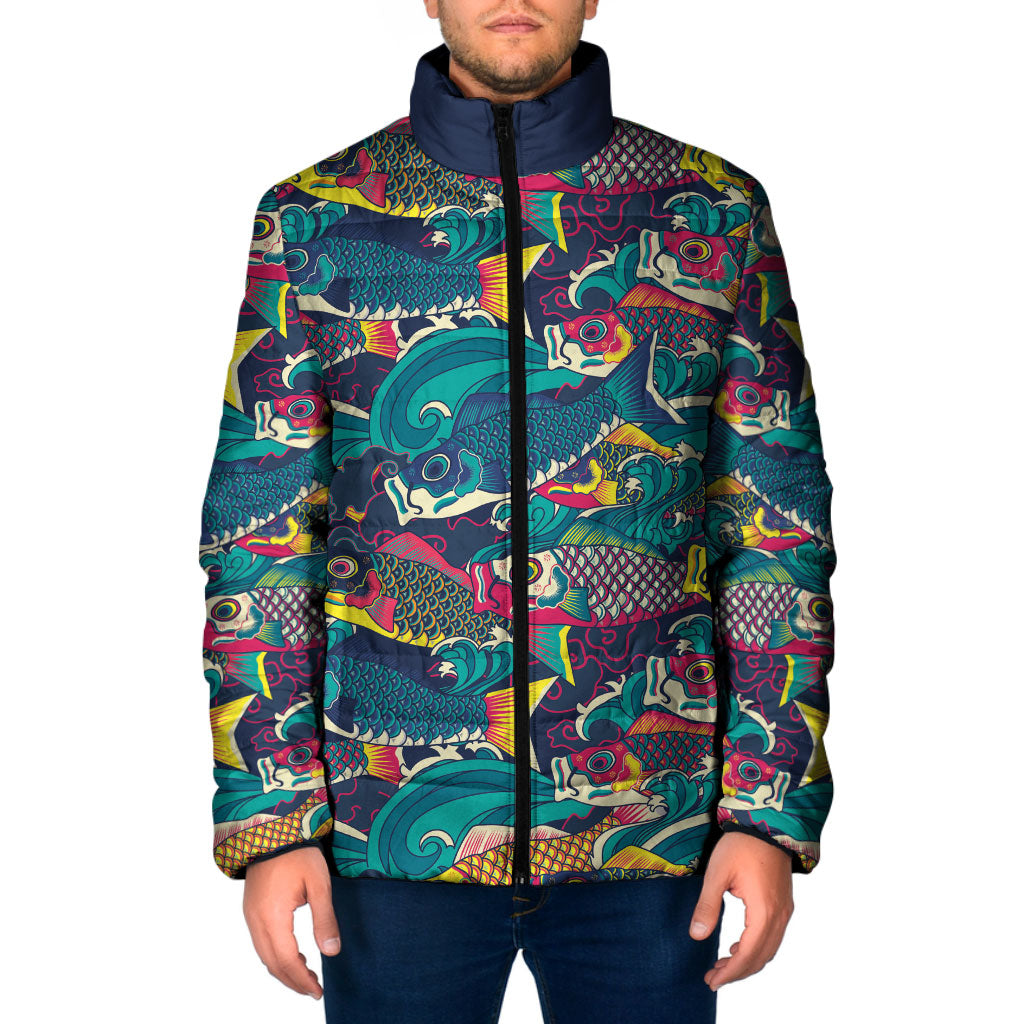 Japan Koinobori Padded Jacket Japanese Koi Flag Waves Pattern LT14 Men Blue - Polynesian Pride