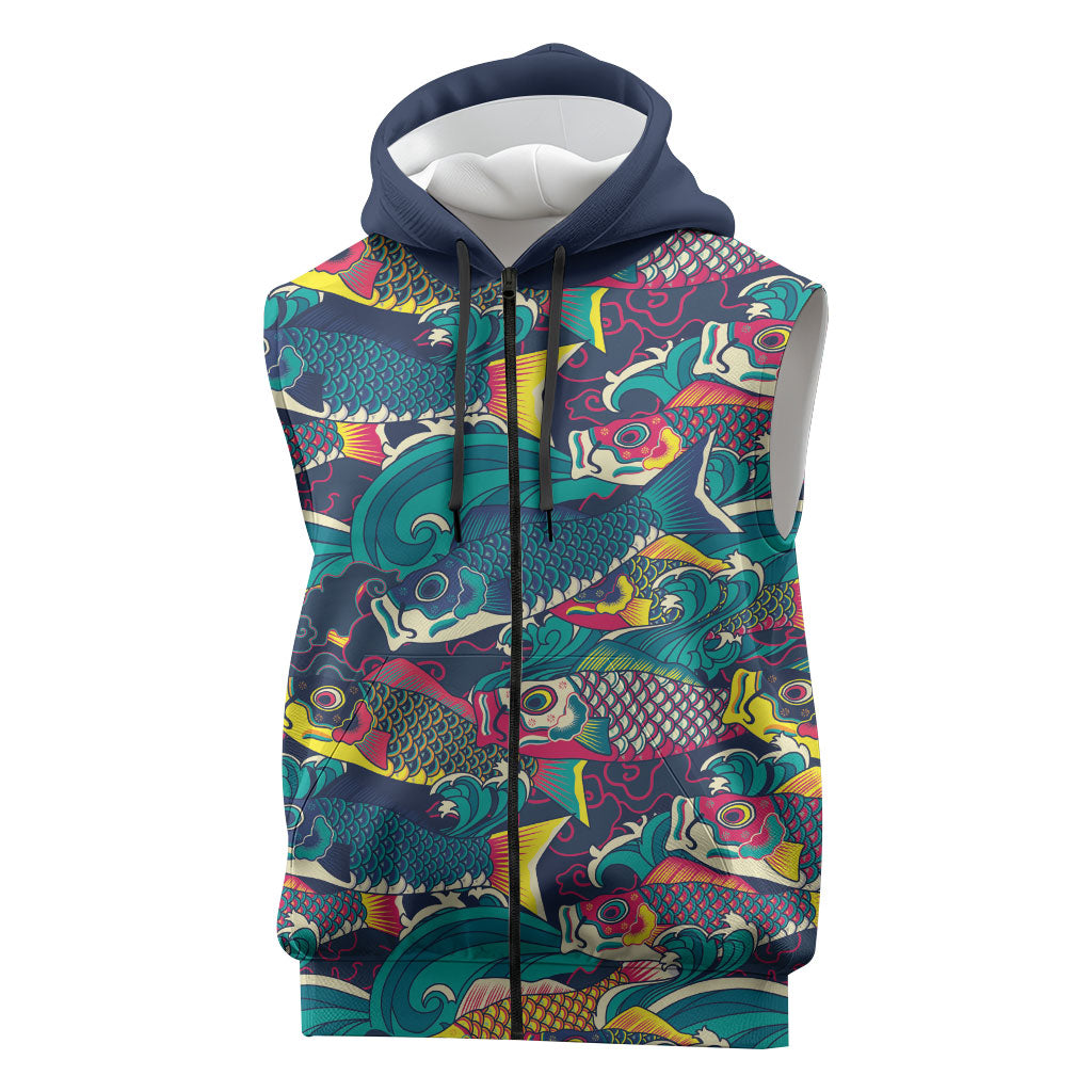 Japan Koinobori Sleeveless Zip Hoodie Japanese Koi Flag Waves Pattern