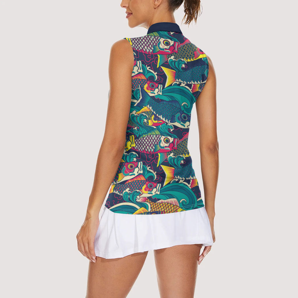 Japan Koinobori Women Sleeveless Polo Shirt Japanese Koi Flag Waves Pattern