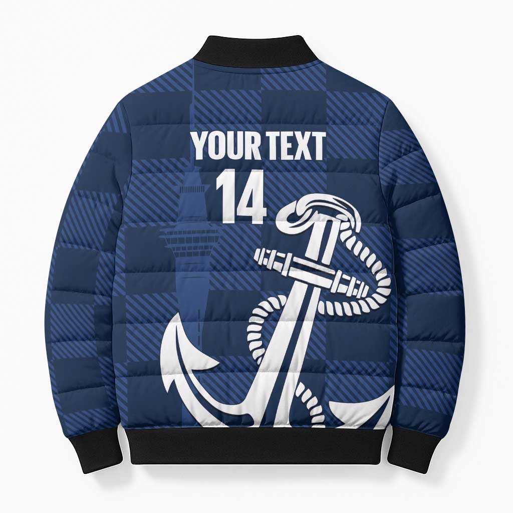 New Zealand Auckland Football Custom Bomber Puffer Jacket Navy Blue City Anchor Sky Tower Symbol LT14 - Polynesian Pride