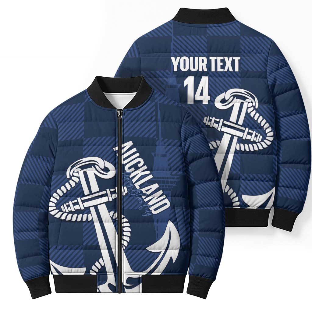 New Zealand Auckland Football Custom Bomber Puffer Jacket Navy Blue City Anchor Sky Tower Symbol LT14 - Polynesian Pride