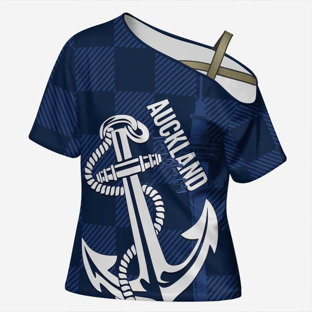 New Zealand Auckland Football Custom Cross Shoulder Shirt Navy Blue City Anchor Sky Tower Symbol - Polynesian Pride