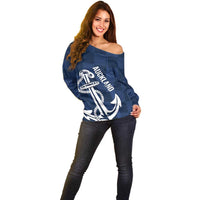 New Zealand Auckland Football Custom Off Shoulder Sweater Navy Blue City Anchor Sky Tower Symbol - Polynesian Pride