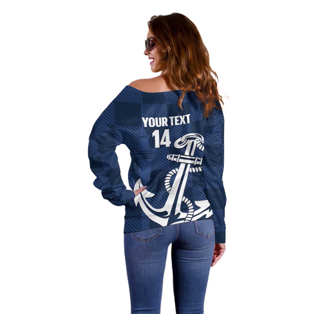 New Zealand Auckland Football Custom Off Shoulder Sweater Navy Blue City Anchor Sky Tower Symbol - Polynesian Pride