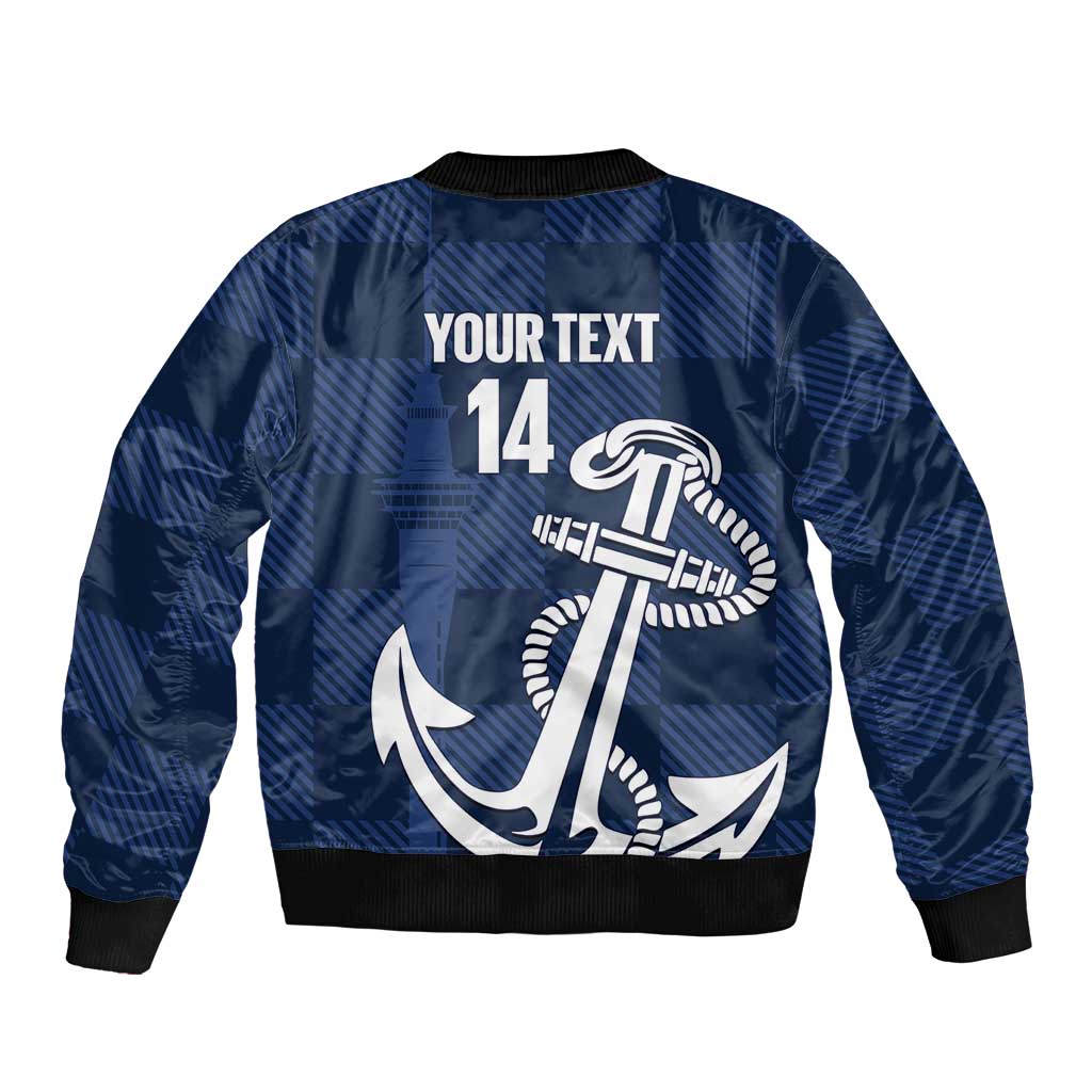 New Zealand Auckland Football Custom Sleeve Zip Bomber Jacket Navy Blue City Anchor Sky Tower Symbol LT14 - Polynesian Pride