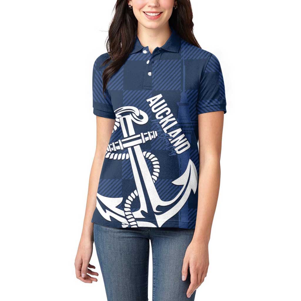 New Zealand Auckland Football Custom Women Polo Shirt Navy Blue City Anchor Sky Tower Symbol LT14 - Polynesian Pride