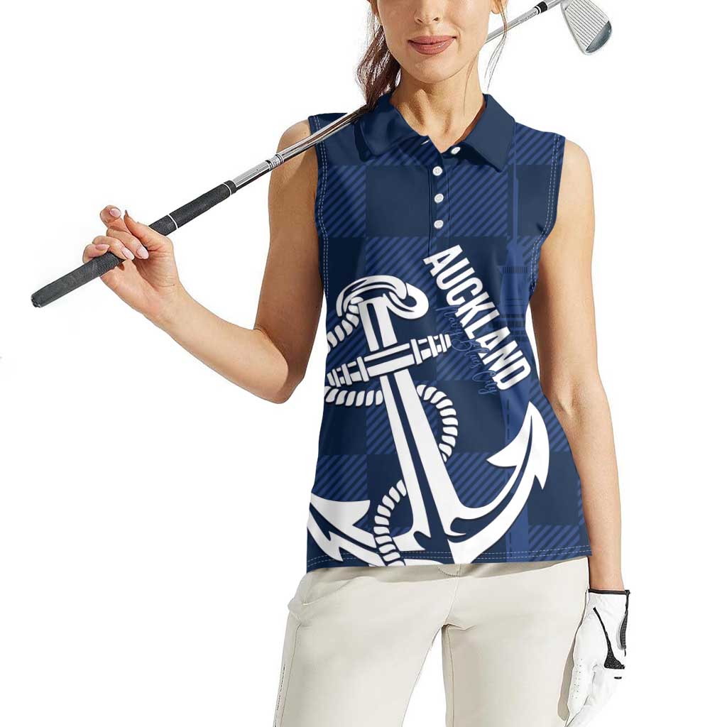 New Zealand Auckland Football Custom Women Sleeveless Polo Shirt Navy Blue City Anchor Sky Tower Symbol LT14 - Polynesian Pride
