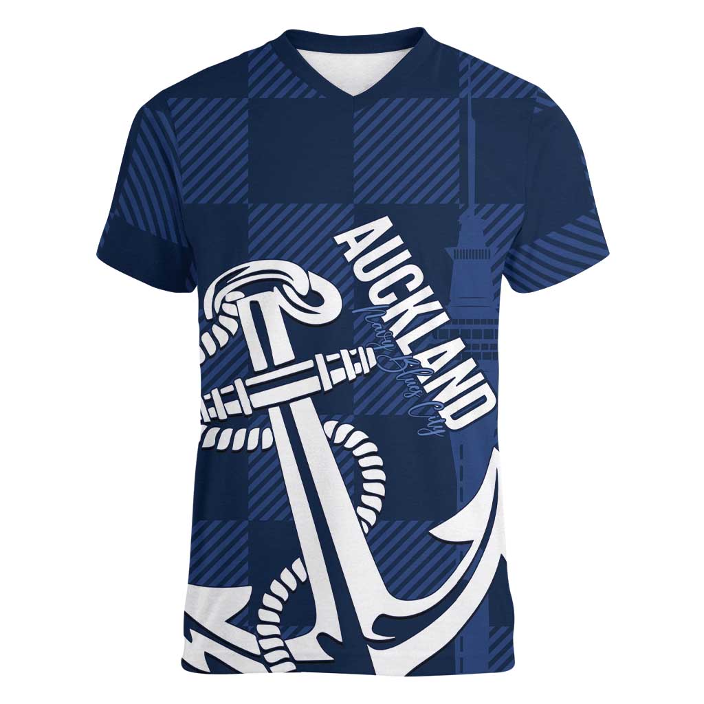 New Zealand Auckland Football Custom Women V-Neck T-Shirt Navy Blue City Anchor Sky Tower Symbol - Polynesian Pride