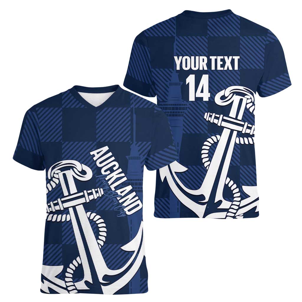 New Zealand Auckland Football Custom Women V-Neck T-Shirt Navy Blue City Anchor Sky Tower Symbol LT14 - Polynesian Pride