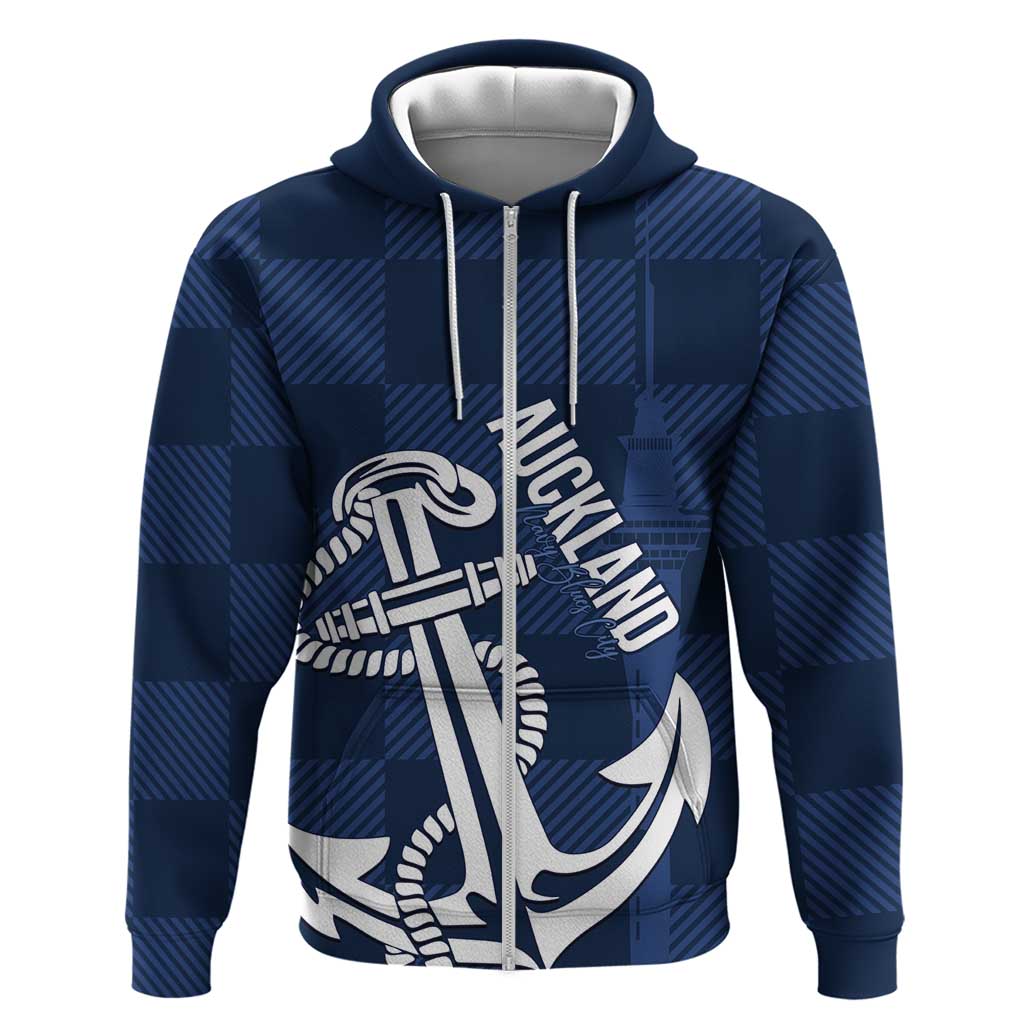 New Zealand Auckland Football Custom Zip Hoodie Navy Blue City Anchor Sky Tower Symbol LT14 Zip Hoodie Navy Blue - Polynesian Pride