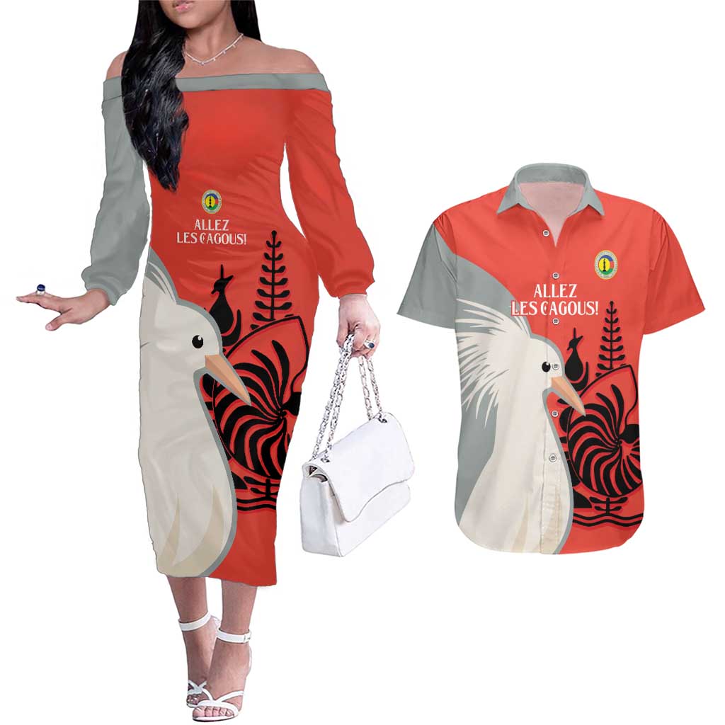Custom Nouvelle-Caledonie Football Couples Matching Off The Shoulder Long Sleeve Dress and Hawaiian Shirt Allez Les Cagous Simple Style