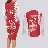Custom Tahiti Football Couples Matching Long Sleeve Bodycon Dress and Long Sleeve Button Shirt Go Toa Aito LT14 - Polynesian Pride